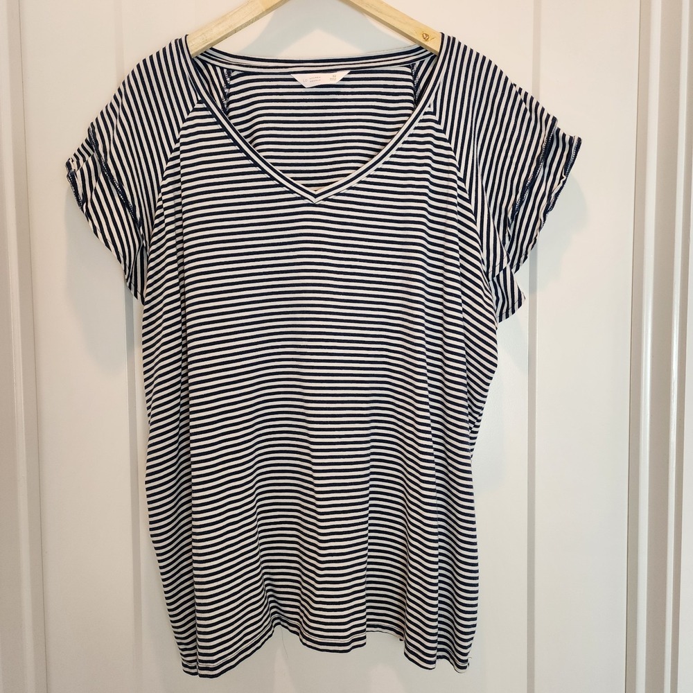 Nautical Preppy  Lauren‎ Conrad Top 3X Blue White Striped V-Neck Flutter Sleeve